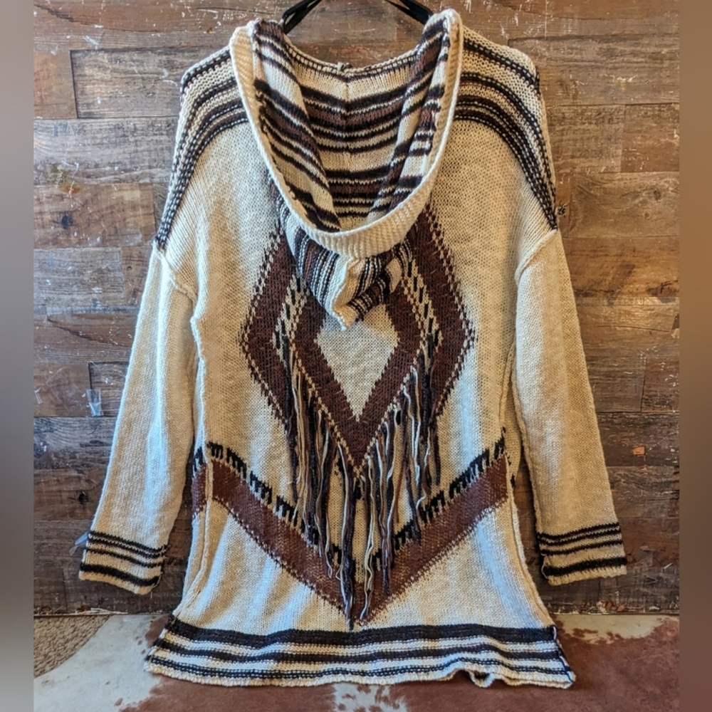 Blu Pepper Boho Western W Fringe Cardigan Sweater W Hood